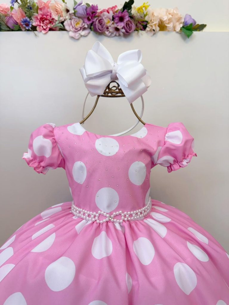 Vestido Infantil Minnie Rosa Busto Com Strass Festas