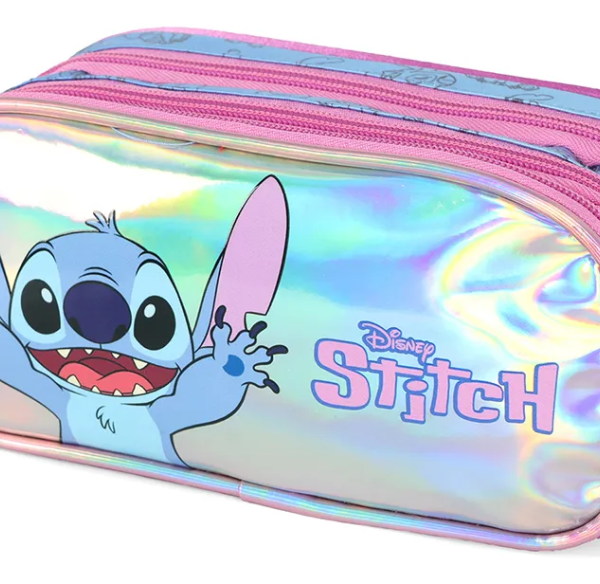 Estojo Triplo Juvenil Médio Holográfico da Lilo Stitch e Angel
