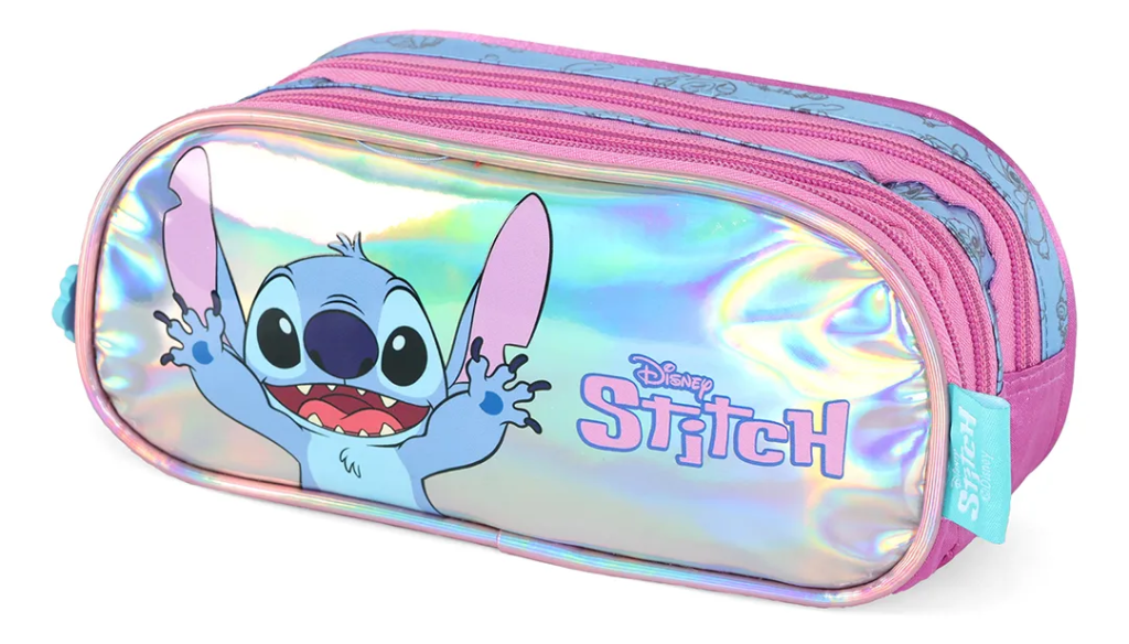 Estojo Triplo Juvenil Médio Holográfico da Lilo Stitch e Angel