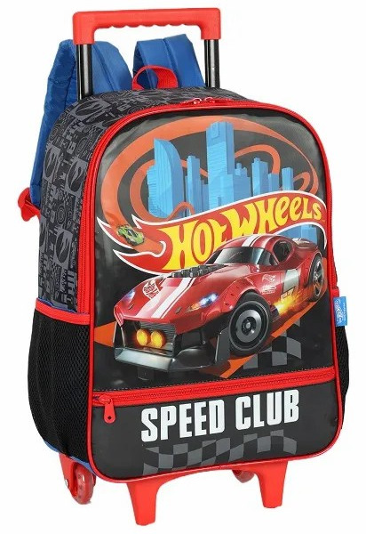 Mochila Infantil Com Rodinhas Hotwheels Speed Club Preta e Azul
