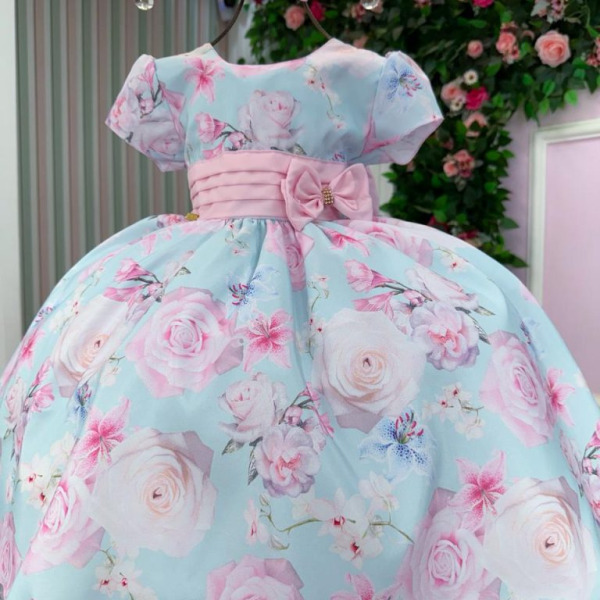 Vestido Ysa Kids Jardim Florido Elisa Azul Bebe