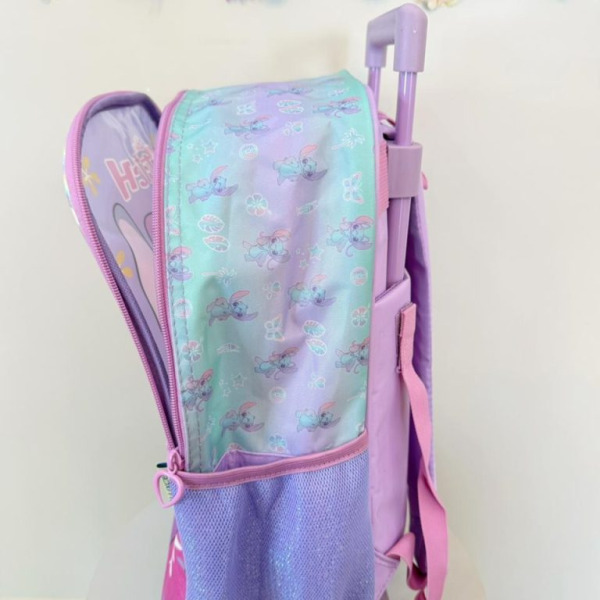 Mochila Infantil C/ Rodinhas Angel e Stitch Roxa Tam. 16