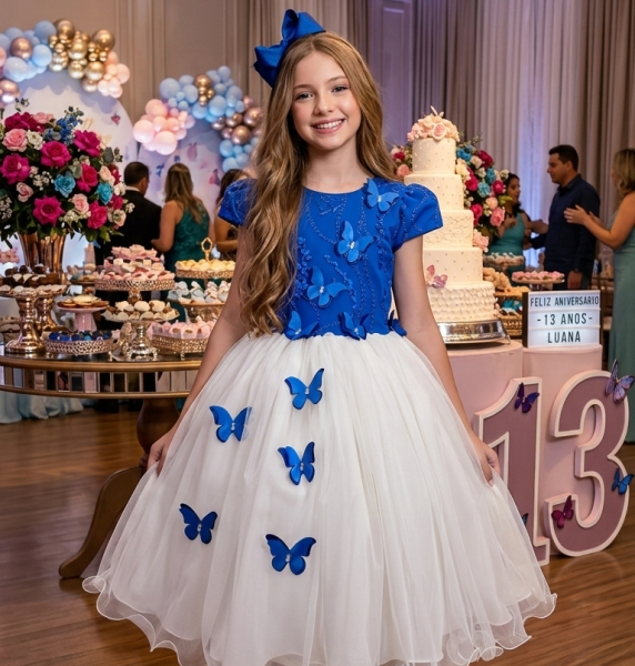 Vestido Juvenil – Midi Vila Lele Sabrina Azul Royal e Off