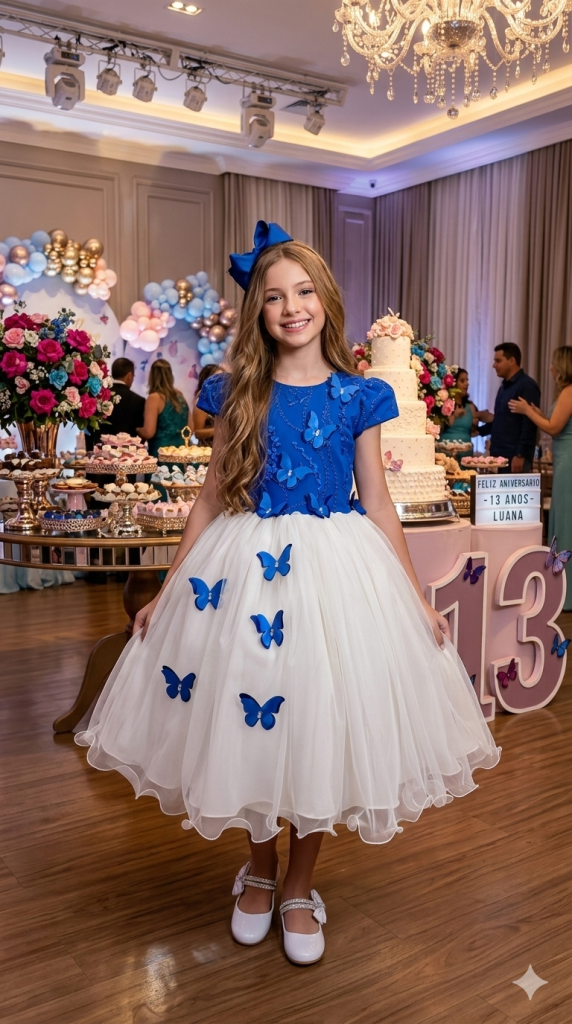 Vestido Juvenil - Midi Vila Lele Sabrina Azul Royal e Off