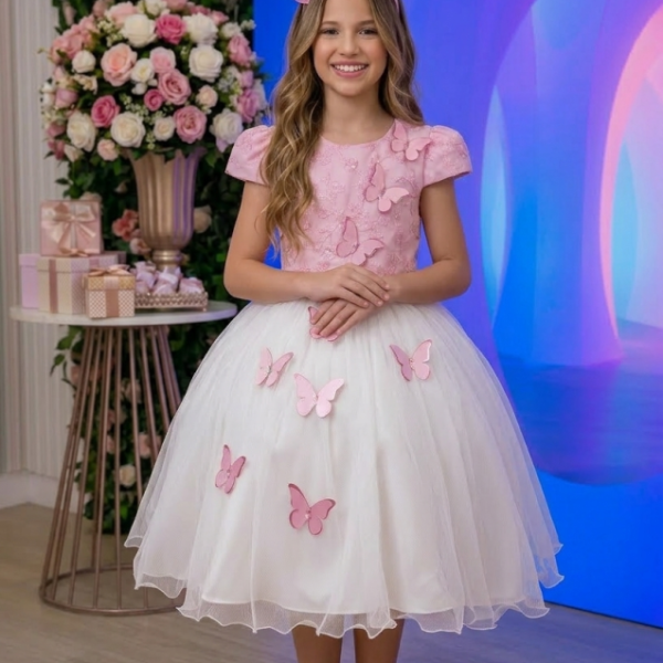 Vestido Juvenil – Midi Vila Lele Sabrina Rosa Bebe e Off