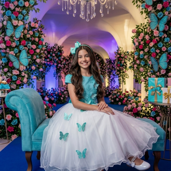 Vestido Juvenil – Midi Vila Lele Sabrina Verde Tiffany e Off