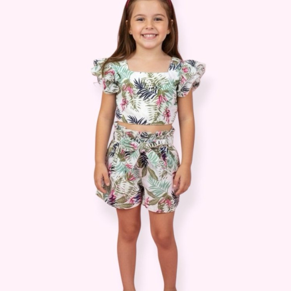 Conjunto Meninas Casual Cropped C/ Saia Florida Colorida