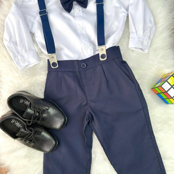 Conjunto Social Pajem Camisa Branca Calça e Susp. Azul Escuro