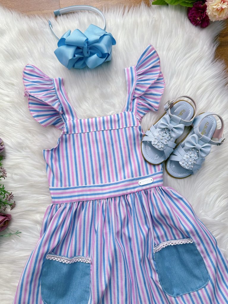 Vestido Infantil Casual Primavera Verão Listras Coloridas