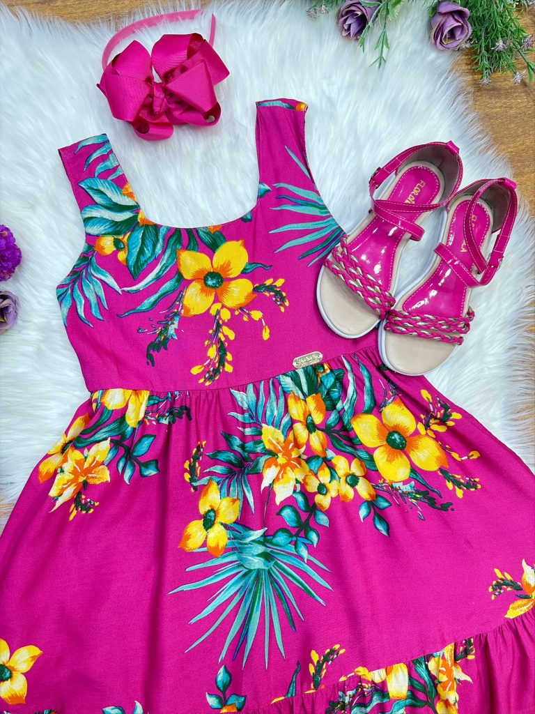 Vestido Infantil Casual Primavera Verão Pink Florido Colorido