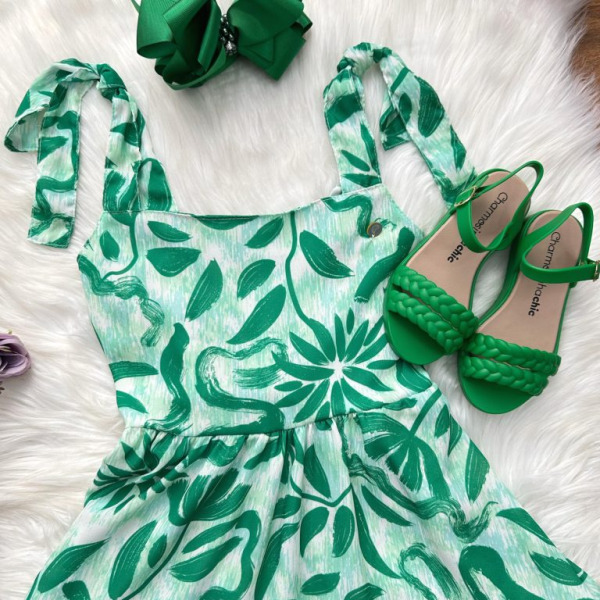 Vestido Infantil Primavera Verão Florido Verde Festas Casual