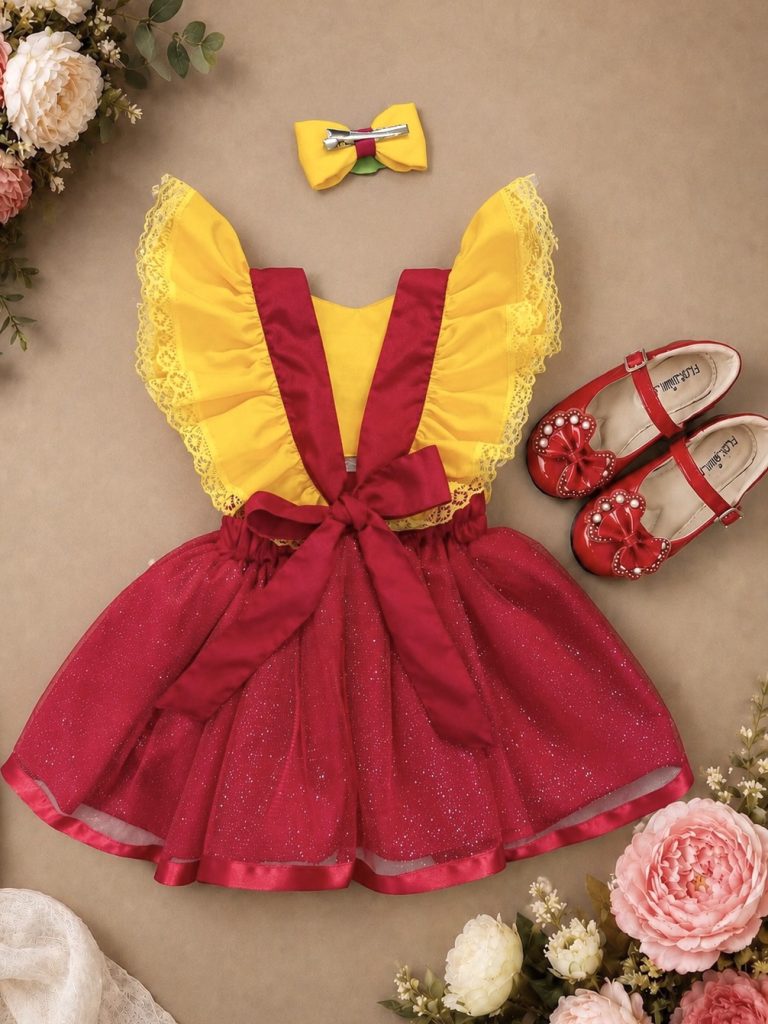 Romper Melancia Amarelo e Vermelho com Laço Luxo