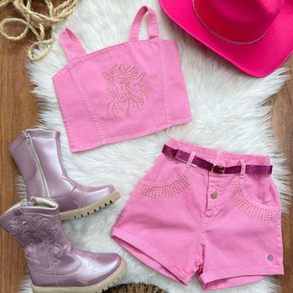 Conjunto Infantil Blusa e Short Sarja Rosa Chiclete Boiadeira Casual