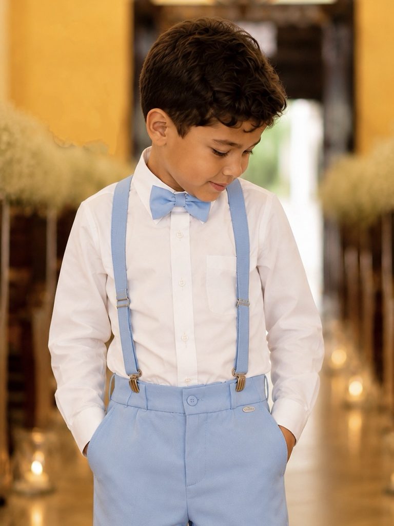 Conjunto Social Pajem Camisa Branca com Calça e Susp. Azul Bebê