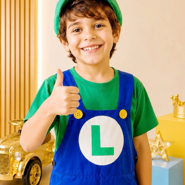 Conjunto Fantasia Infantil Macacão e Camiseta Luigi Verde Azul