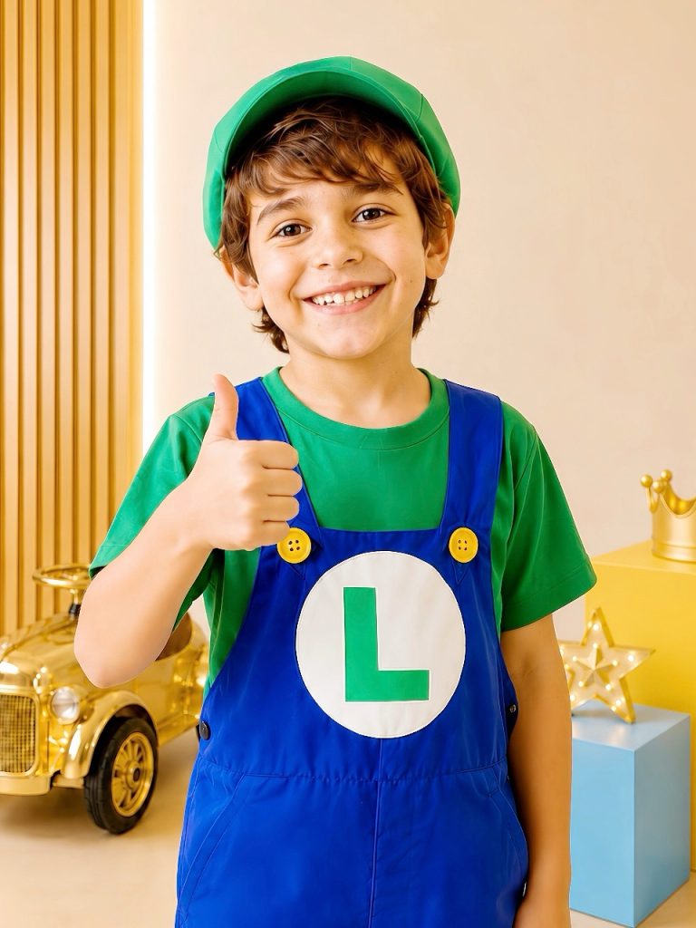 Conjunto Fantasia Infantil Macacão e Camiseta Luigi Verde Azul