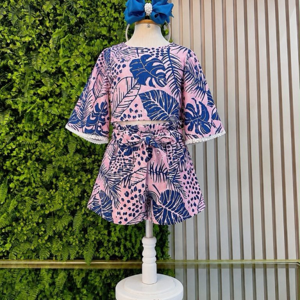 Conjunto Meninas Cropped Florido Rosa e Azul Casual Primavera