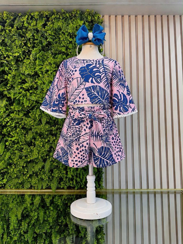Conjunto Meninas Cropped Florido Rosa e Azul Casual Primavera