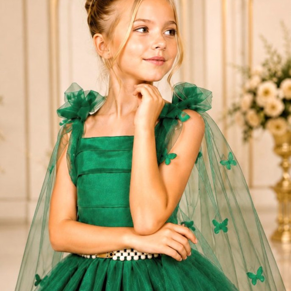 Vestido Infantil Longo Verde C/ Aplique de Borboletas Festas