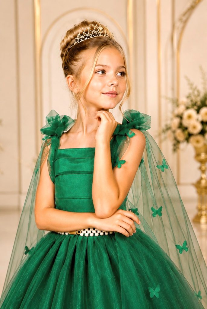 Vestido Infantil Longo Verde C/ Aplique de Borboletas Festas