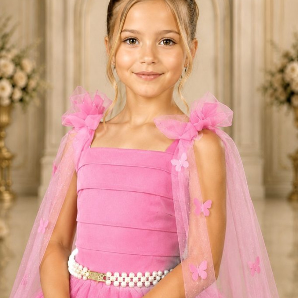 Vestido Infantil Longo Rosa Chiclete Aplique Borboletas Festas