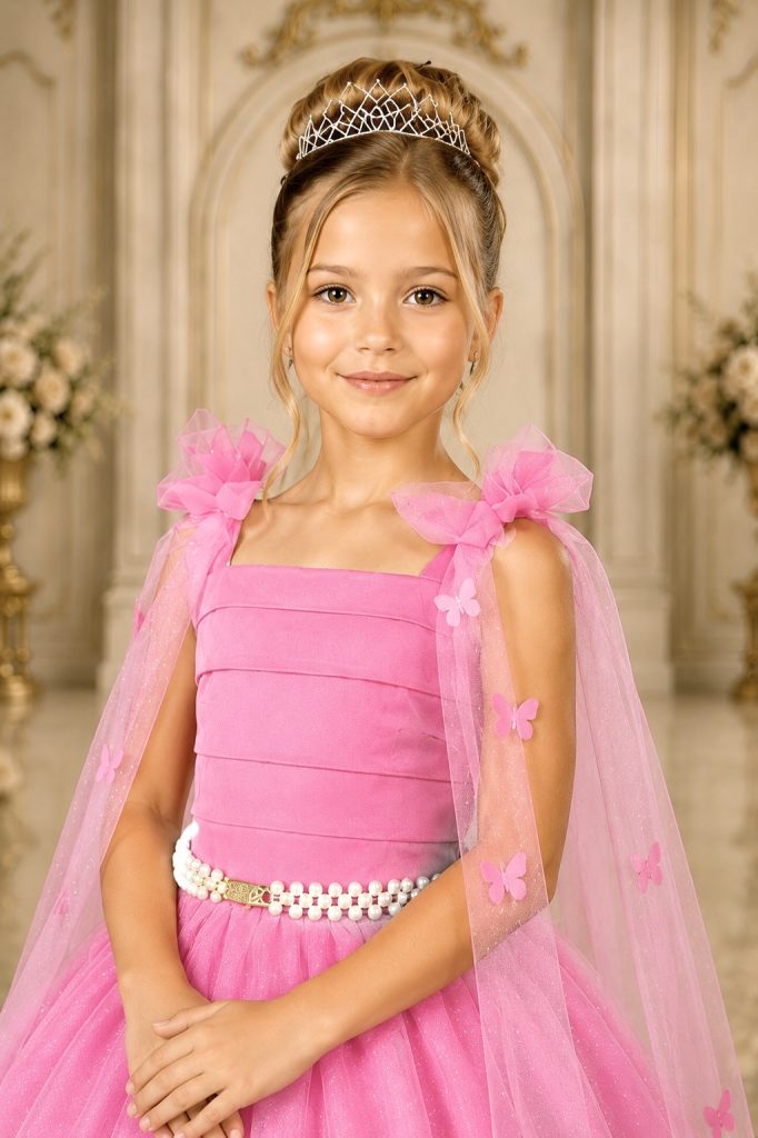 Vestido Infantil Longo Rosa Chiclete Aplique Borboletas Festas