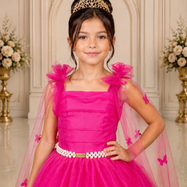 Vestido Infantil Longo Pink C/ Aplique de Borboletas Festas