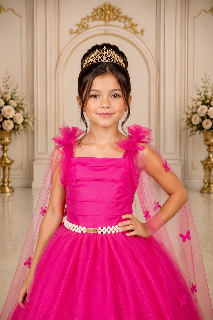 Vestido Infantil Longo Pink C/ Aplique de Borboletas Festas