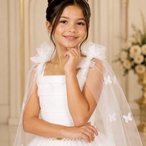 Vestido Infantil Longo Branco C/ Aplique de Borboletas Festas