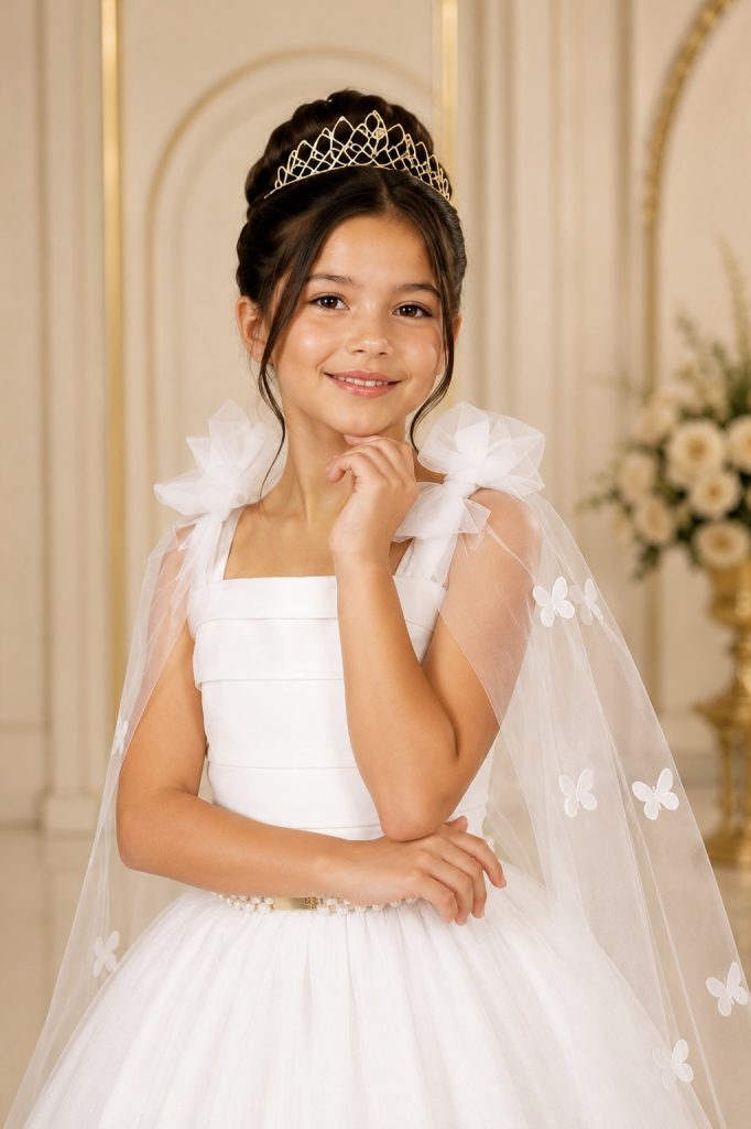 Vestido Infantil Longo Branco C/ Aplique de Borboletas Festas