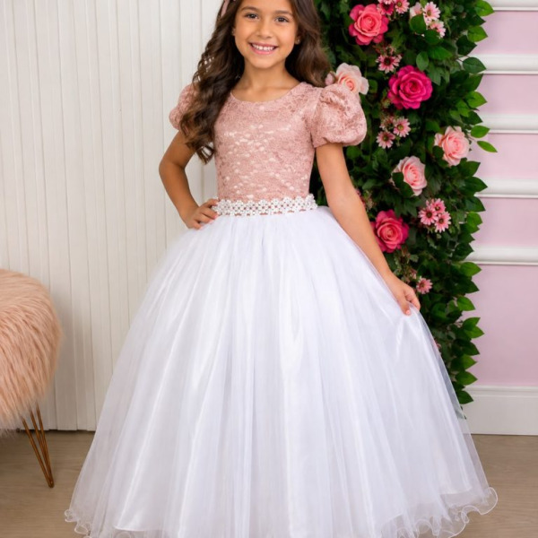 Vestido Enjoy Longo Mari Peito Rendado Rose Saia Branca