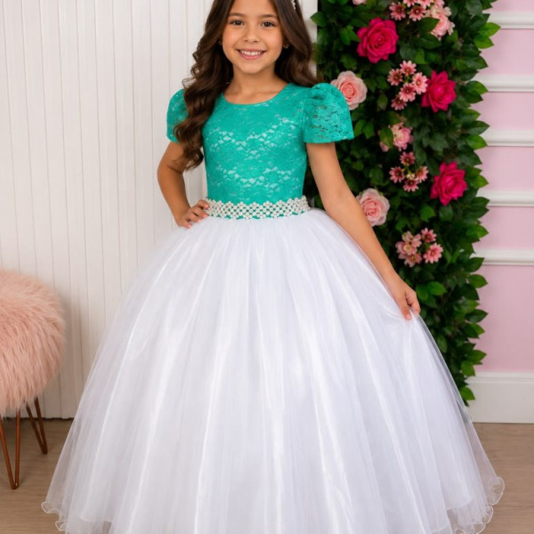 Vestido Enjoy Longo Mari Peito Rendado Verde Tiffany