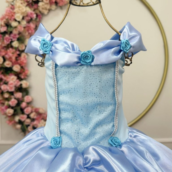Fantasia Infantil Frozen e Cinderela C/ Renda Azul Claro