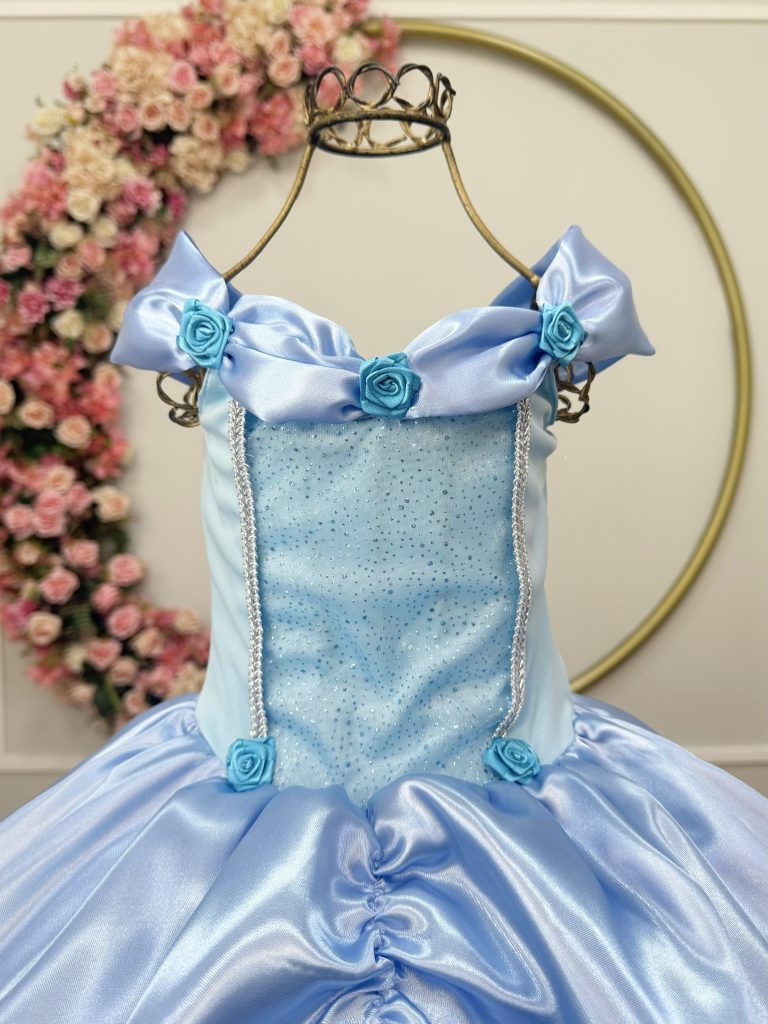 Fantasia Infantil Frozen e Cinderela C/ Renda Azul Claro