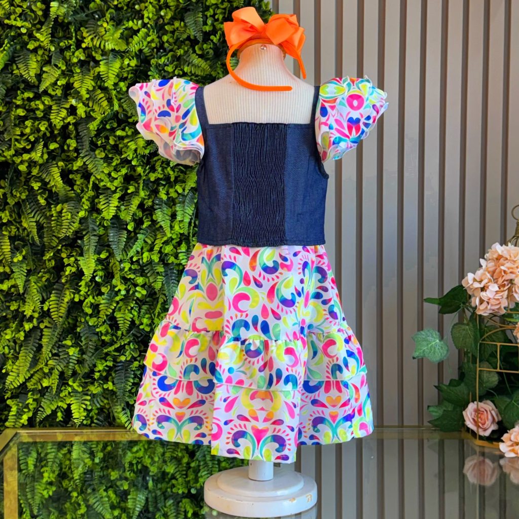 Conjunto Meninas Blusa Jeans e Saia Colorida Luxo Casual