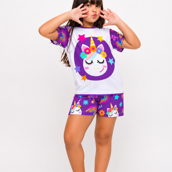 Pijama Infantil Menina Curto Unicórnios Mágicos Lilás