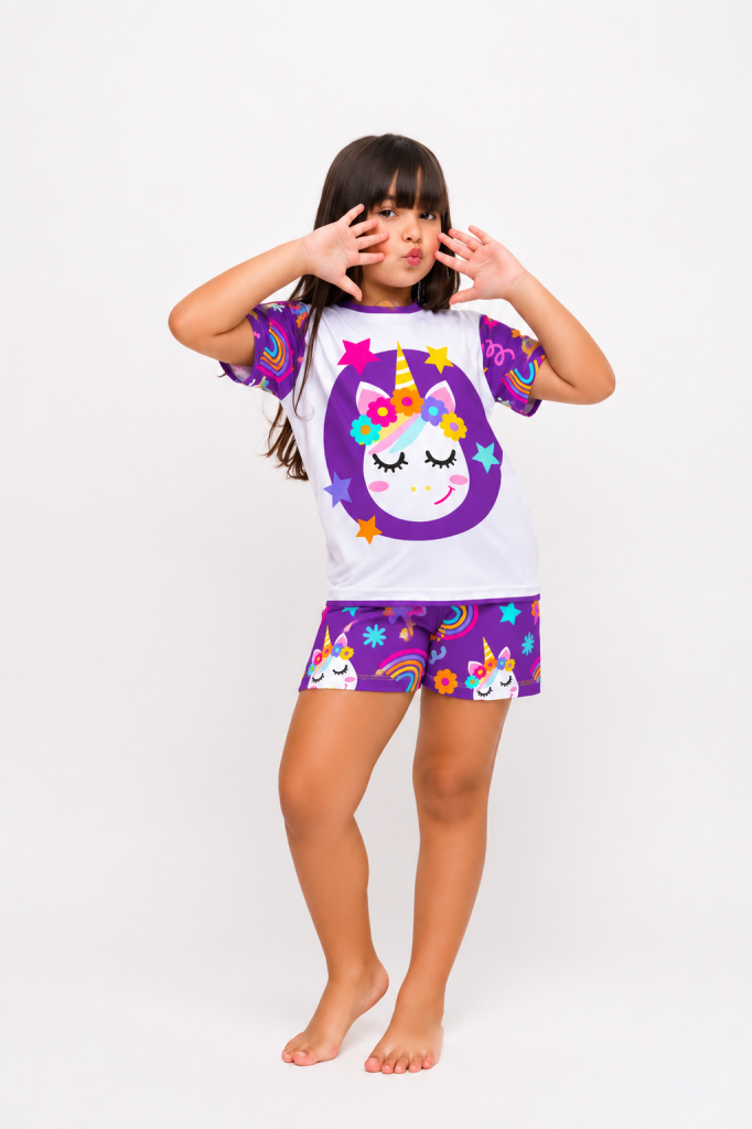 Pijama Infantil Menina Curto Unicórnios Mágicos Lilás