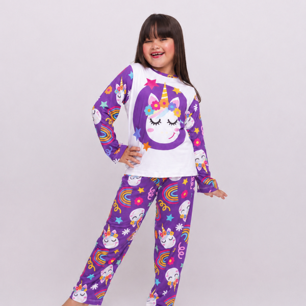 Pijama Infantil Menina Longo Unicórnios Mágicos Lilás