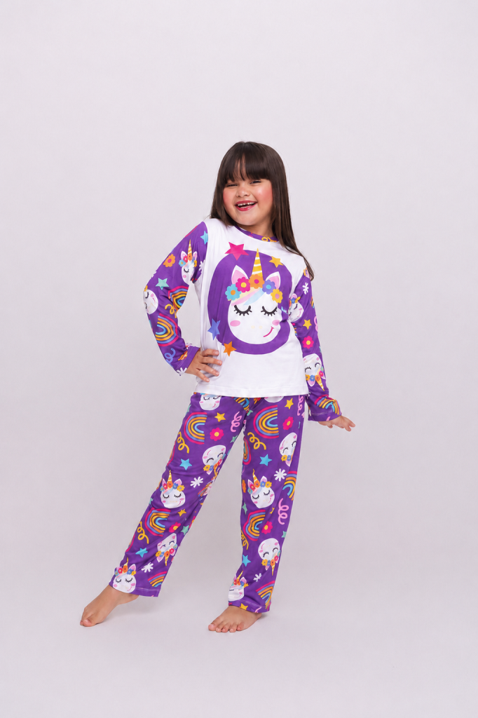 Pijama Infantil Menina Longo Unicórnios Mágicos Lilás