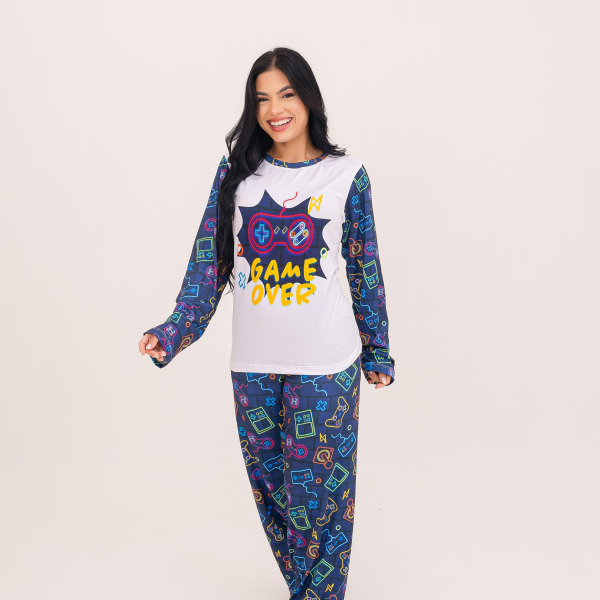 Pijama Adulto Feminino Longo Video Game Azul Marinho