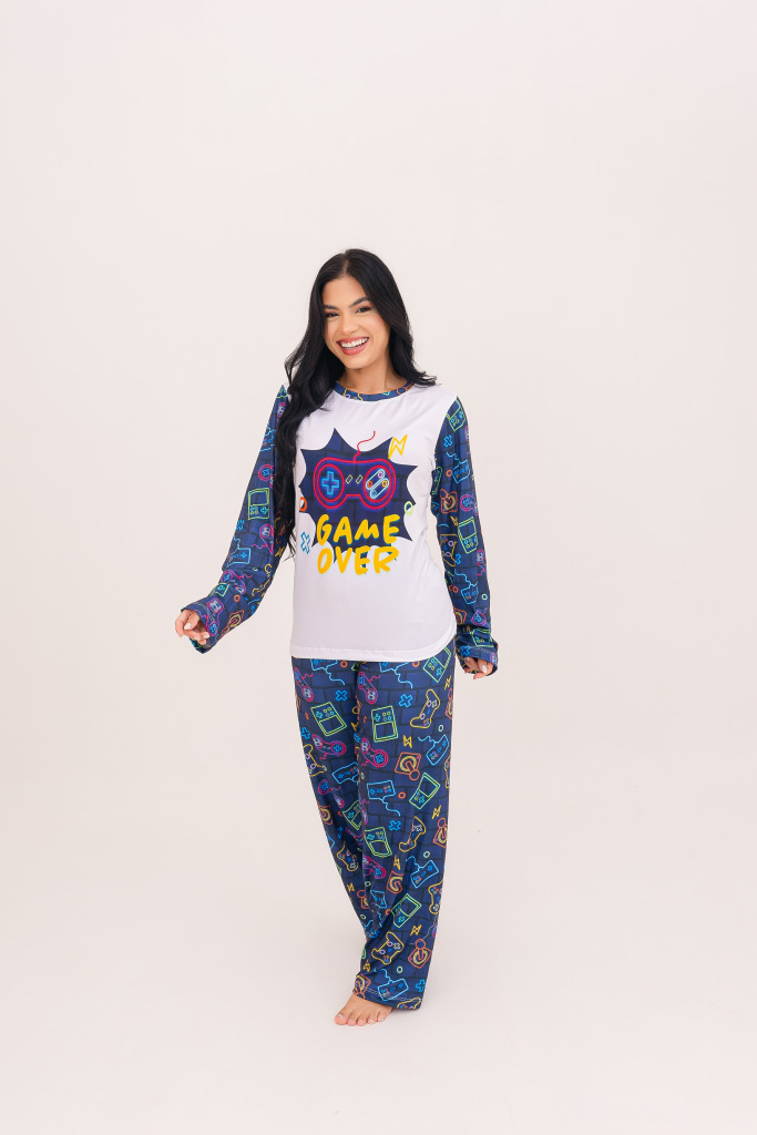 Pijama Adulto Feminino Longo Video Game Azul Marinho