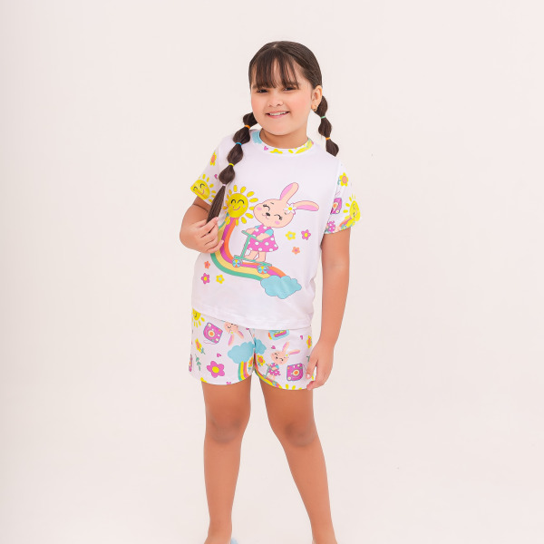 Pijama Infantil Menina Curto Coelhinha Aventureira Branco