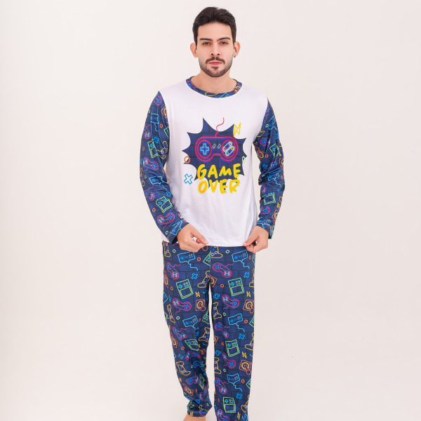 Pijama Adulto Masculino Longo Video Game Azul Marinho