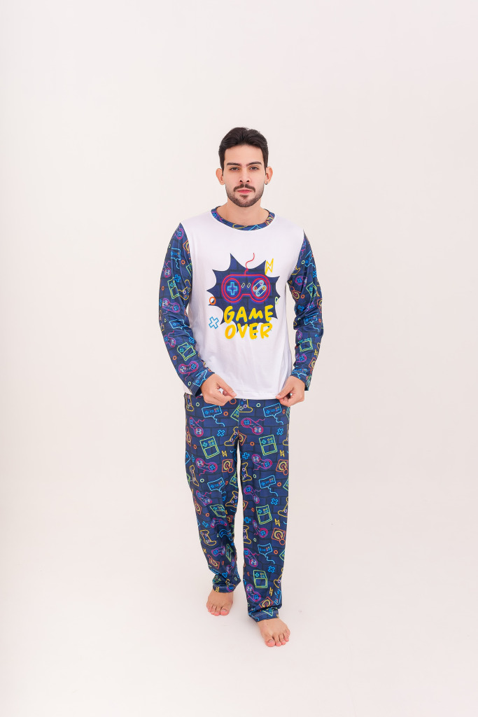 Pijama Adulto Masculino Longo Video Game Azul Marinho