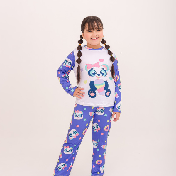 Pijama Infantil Menina Longo Panda Milkshake Lavanda
