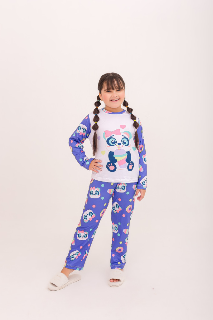 Pijama Infantil Menina Longo Panda Milkshake Lavanda