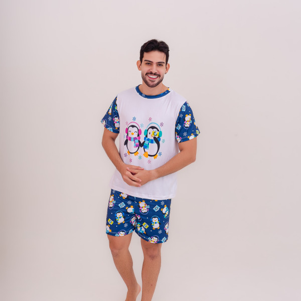 Pijama Adulto Masculino Curto Pinguim Fotolover Azul Marinho
