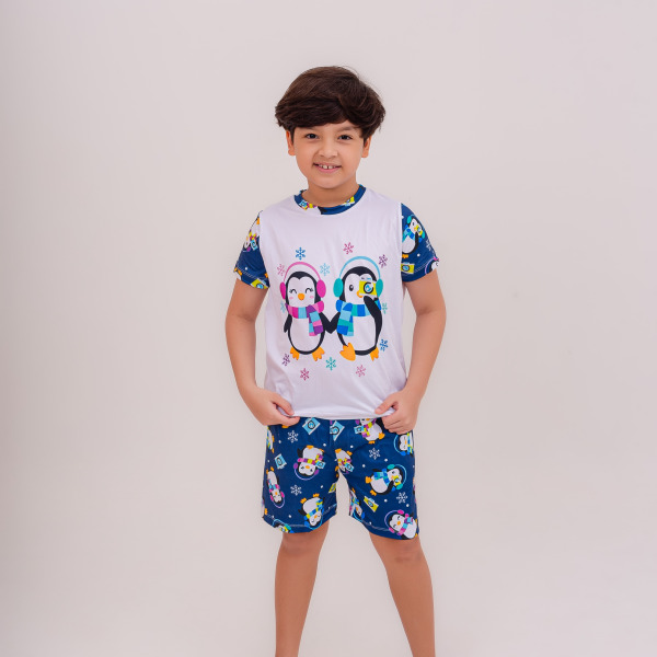 Pijama Infantil Menino Curto Pinguim Fotolover Azul Marinho