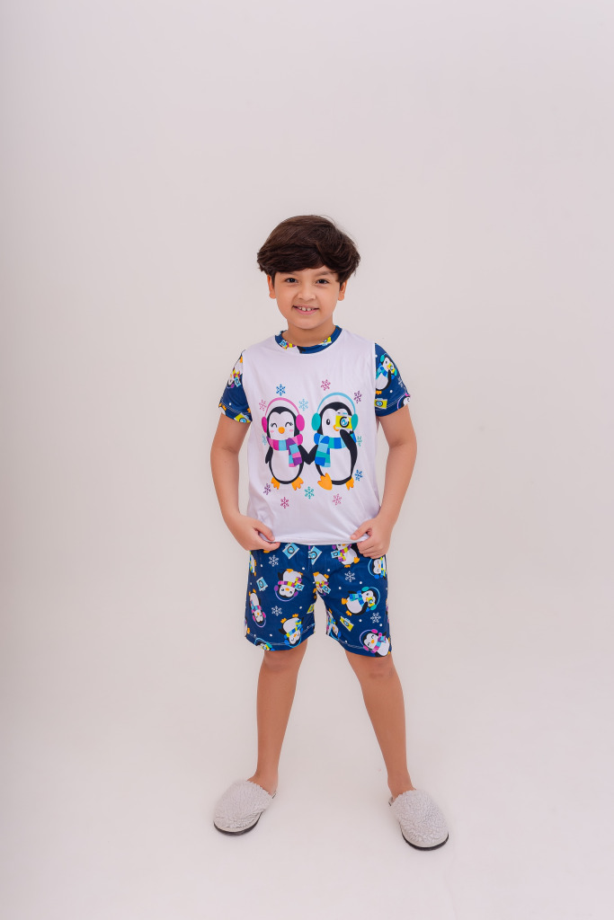 Pijama Infantil Menino Curto Pinguim Fotolover Azul Marinho