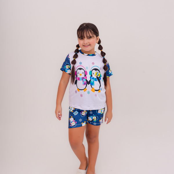 Pijama Infantil Menina Curto Pinguim Fotolover Azul Marinho